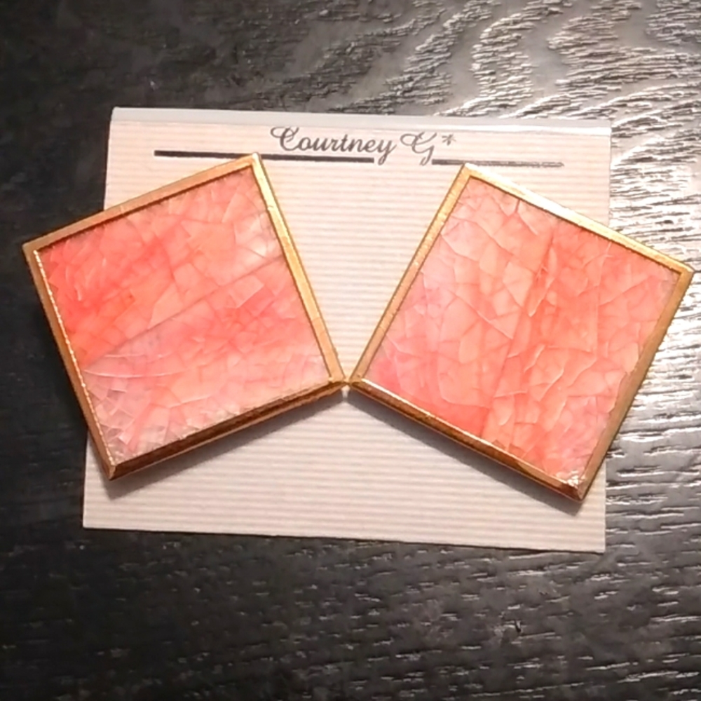 Square gold framed blush pink post earrings